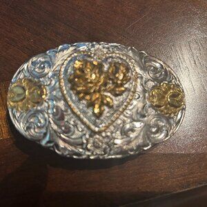 Crumrine silver and gold silverplate Western belt buckle
